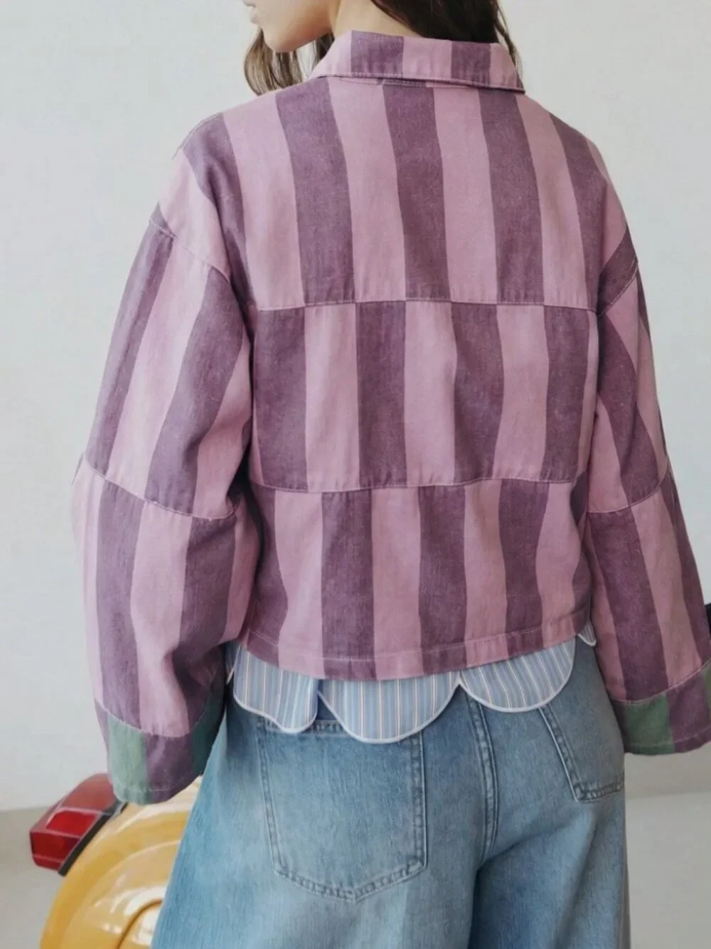 Mauve Pink Patchwork Denim Jacket with Contrast Trim